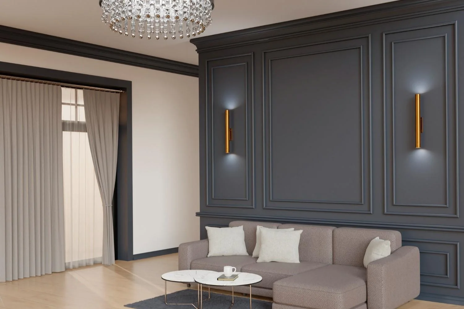 Elegante dunkelgraue Wand mit Zierprofilen
